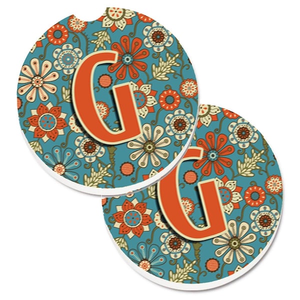 Carolines Treasures Letter G Flowers Retro Blue Set of 2 Cup Holder Car Coaster CJ2012-GCARC - main